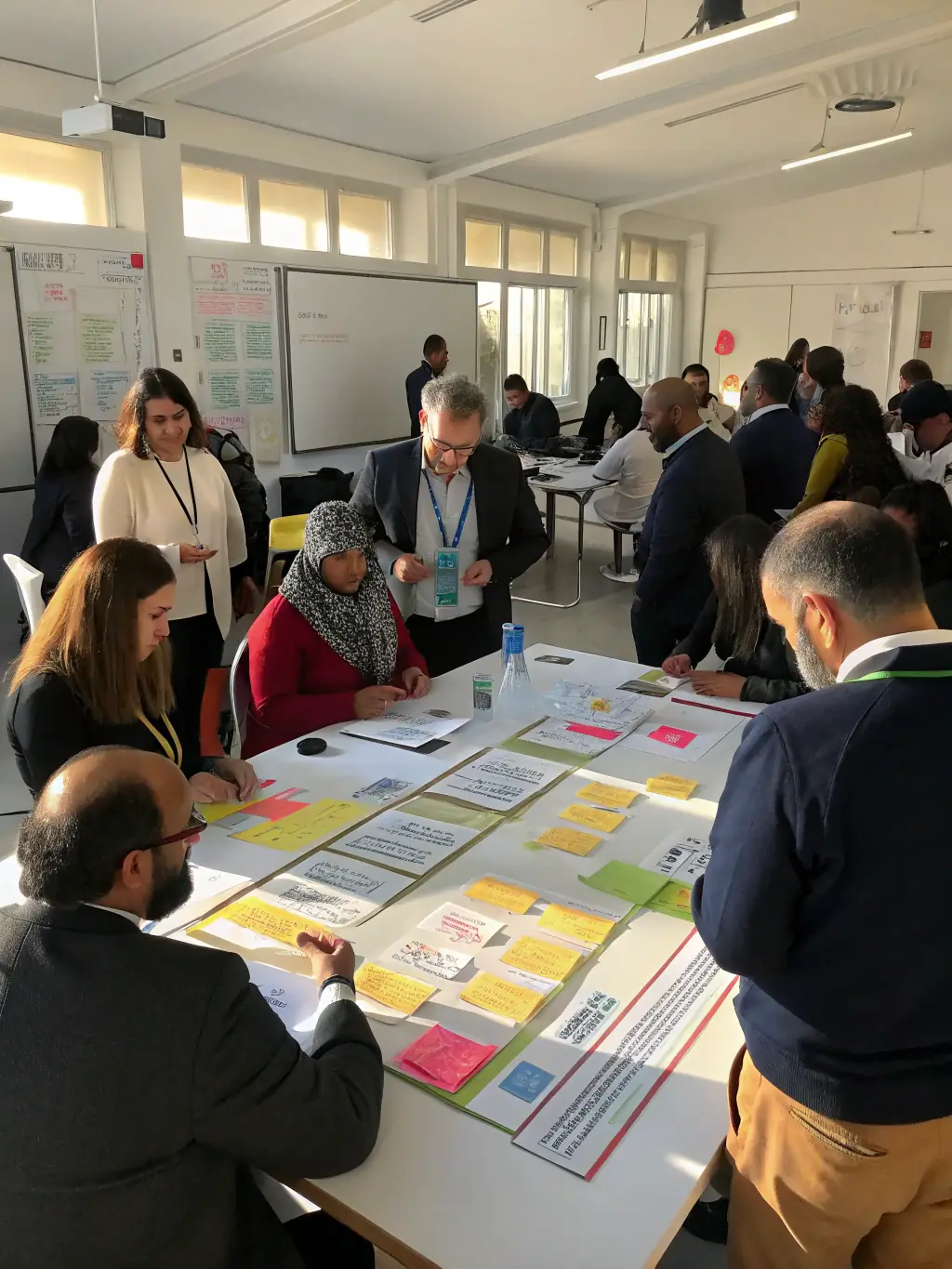 An image showing a group of diverse professionals participating in a workshop, focusing on collaborative problem-solving and skill-building.