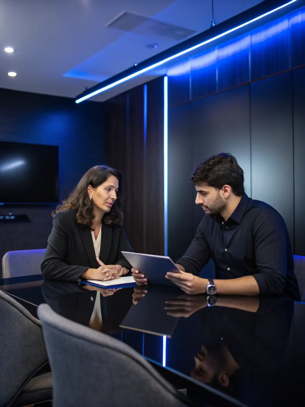 An image depicting a senior business leader mentoring a young professional in a modern office setting, emphasizing the transfer of knowledge and experience.