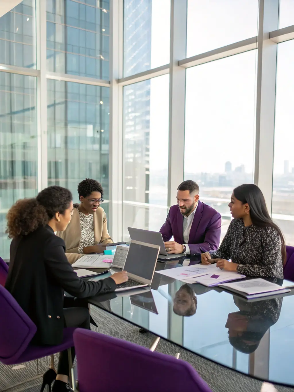 A diverse group of professionals from different generations collaborating in a modern office setting, symbolizing intergenerational teamwork and innovation.
