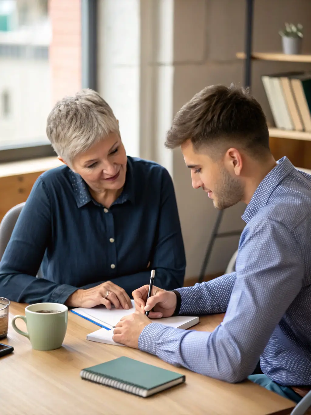 A photograph of a mentor guiding a younger professional, emphasizing the transfer of knowledge and skills in a supportive environment.