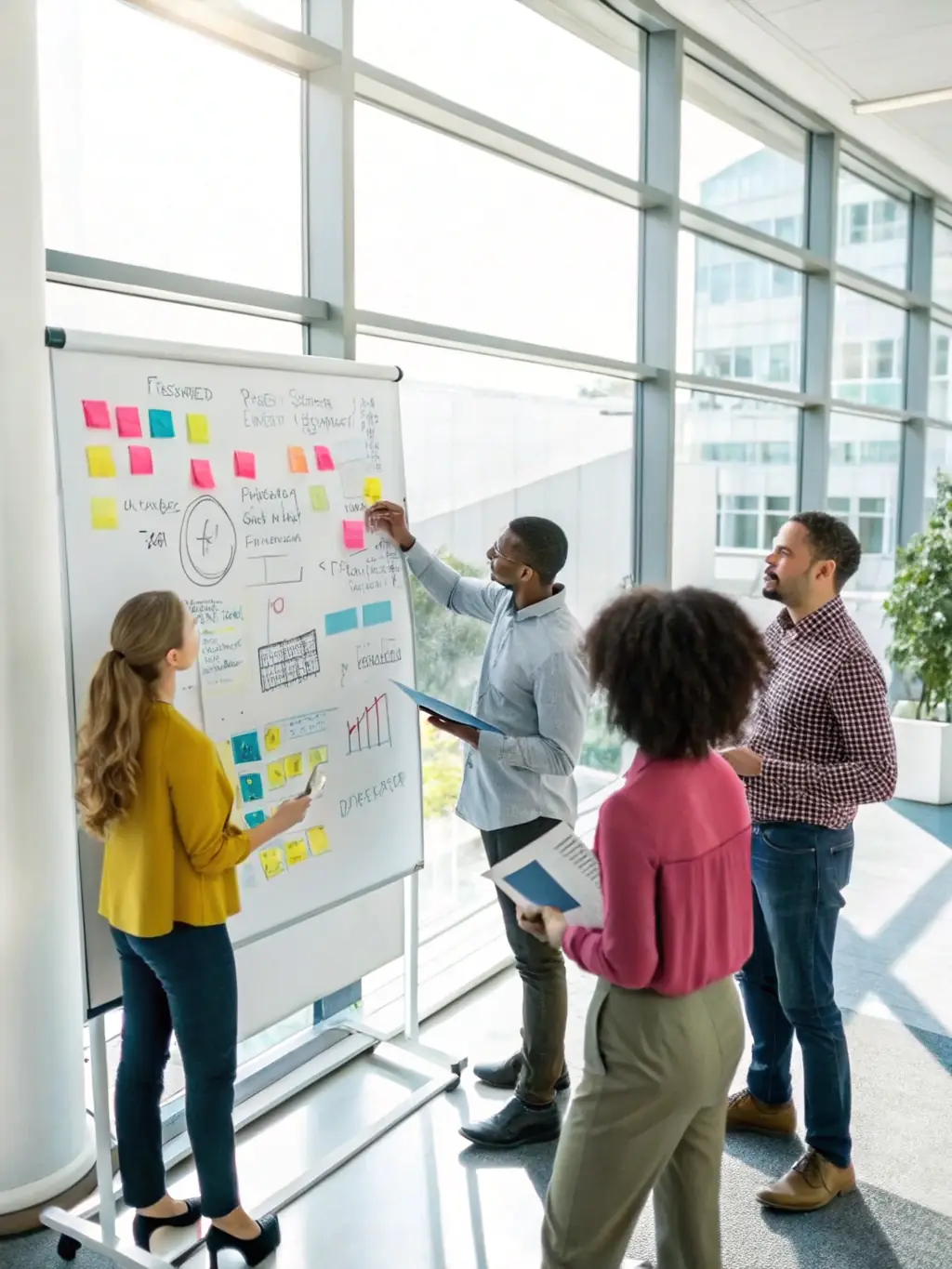 A team brainstorming session with sticky notes on a glass wall, representing collaborative problem-solving and innovative solutions.