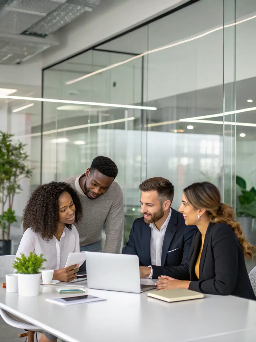 An image of a diverse group of professionals collaborating in a modern office setting, symbolizing intergenerational teamwork and leadership.