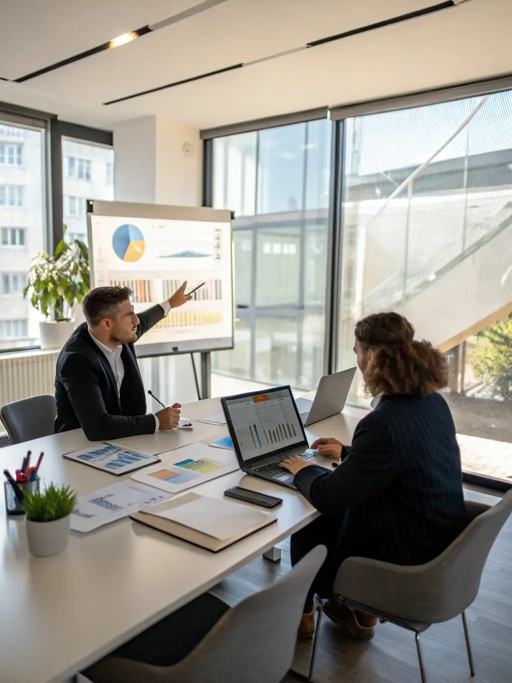 A seasoned business coach mentoring a young entrepreneur, guiding them through a strategic planning session with a focus on long-term growth.