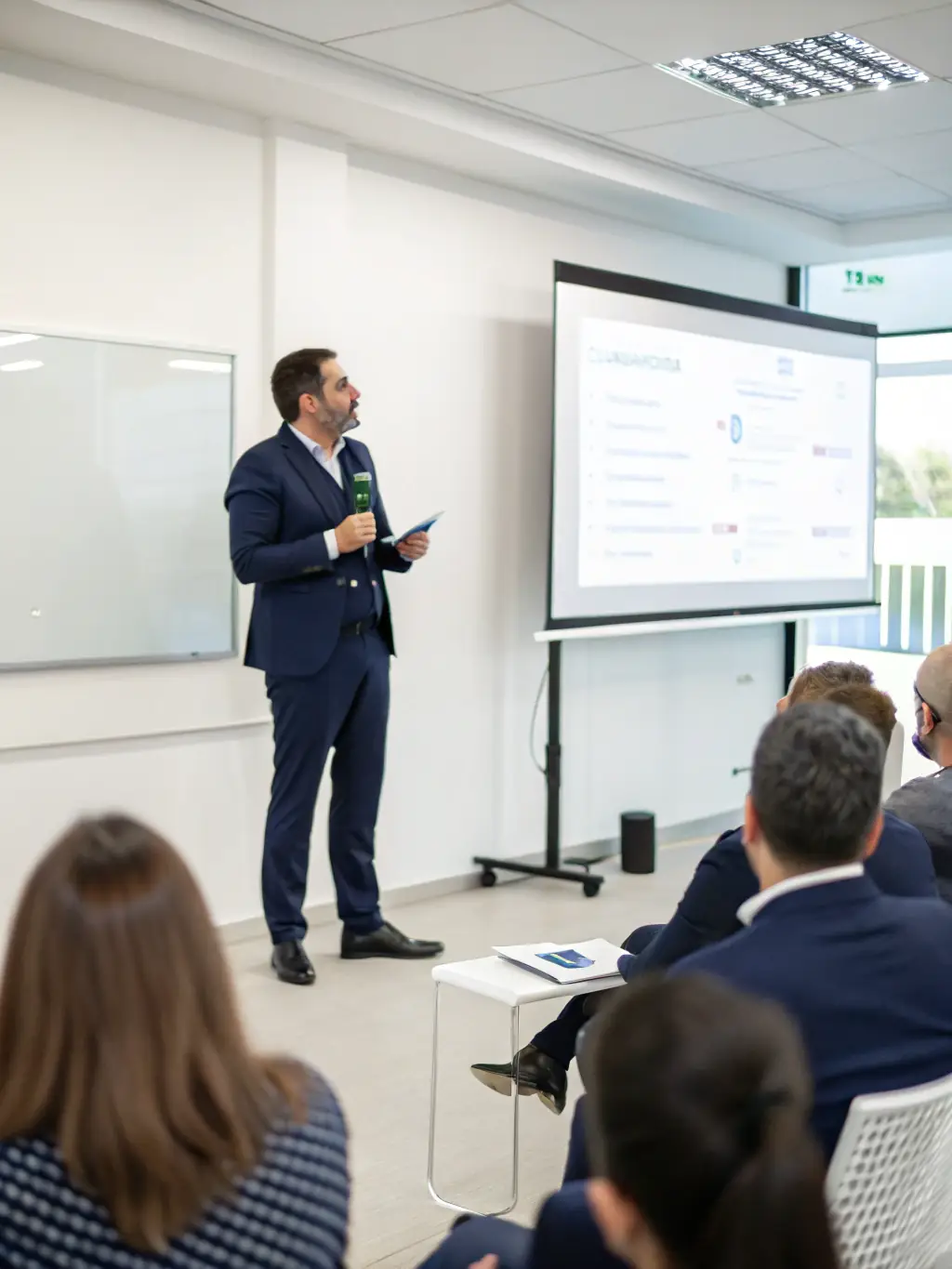 A confident business leader delivering a presentation to a captivated audience, showcasing their communication and public speaking skills.